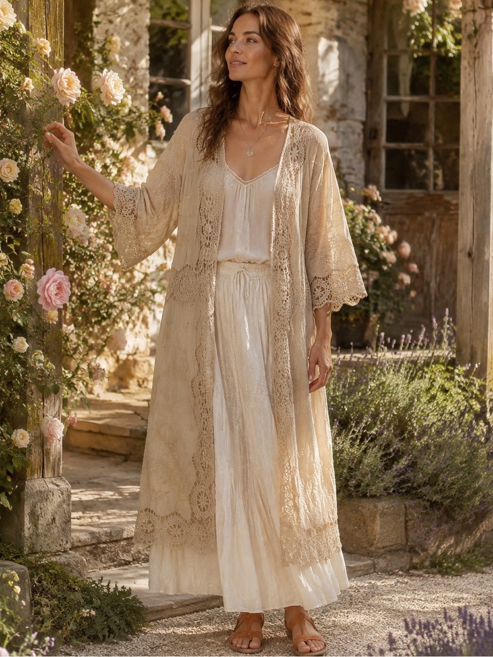 Hand Tea Dyed Cotton Crochet Lace Embroidered Boho Kimono Duster OS fits most